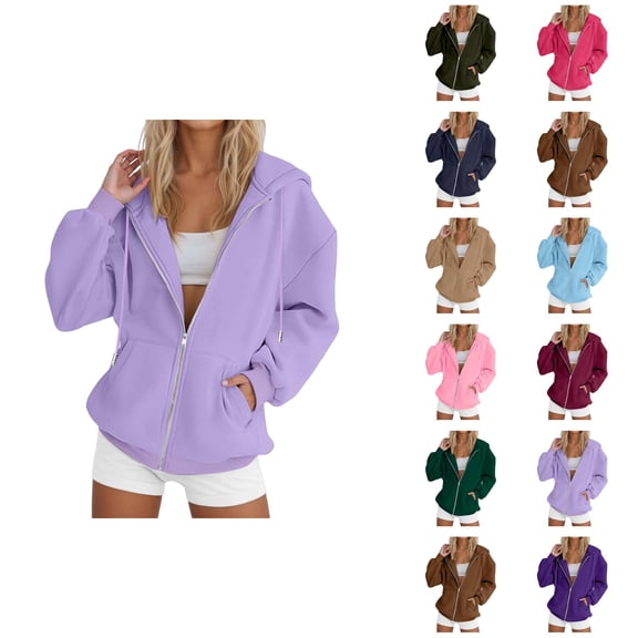 Zip Up Hoodie Women 2026 Fall Winter Solid Color Casual Long Sleeve Hoodie Sweatshirt Jacket Coat Outerwear with Pockets