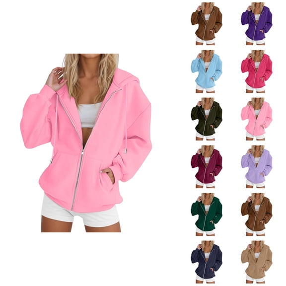 Zip Up Hoodie Women 2026 Fall Winter Solid Color Long Sleeve Casual Hoodie Sweatshirt Jacket Coat Outerwear with Pockets