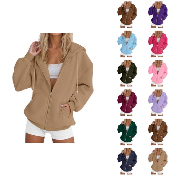 Zip Up Hoodie Women 2026 Fall Winter Solid Color Long Sleeve Casual Hoodie Sweatshirt Jacket Coat Outerwear with Pockets
