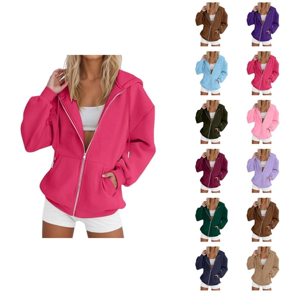 Zip Up Hoodie Women 2026 Fall Winter Solid Color Long Sleeve Casual Hoodie Sweatshirt Jacket Coat Outerwear with Pockets