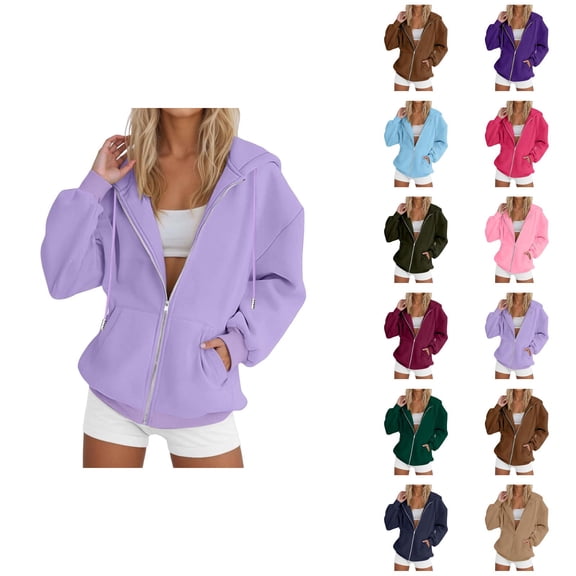 Zip Up Hoodie Women 2026 Fall Winter Solid Color Long Sleeve Casual Hoodie Sweatshirt Jacket Coat Outerwear with Pockets