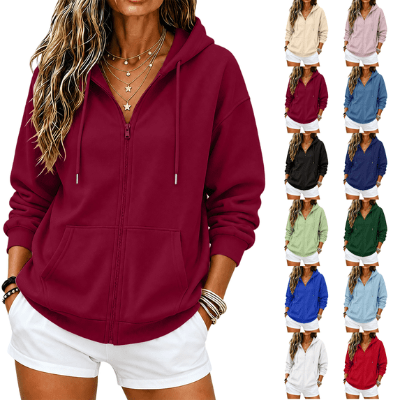 Zip Up Hoodie Women 2026 Long Sleeve Fall Winter Oversized Sweatshirts Zipper Oversized Cute Jackets with Pockets