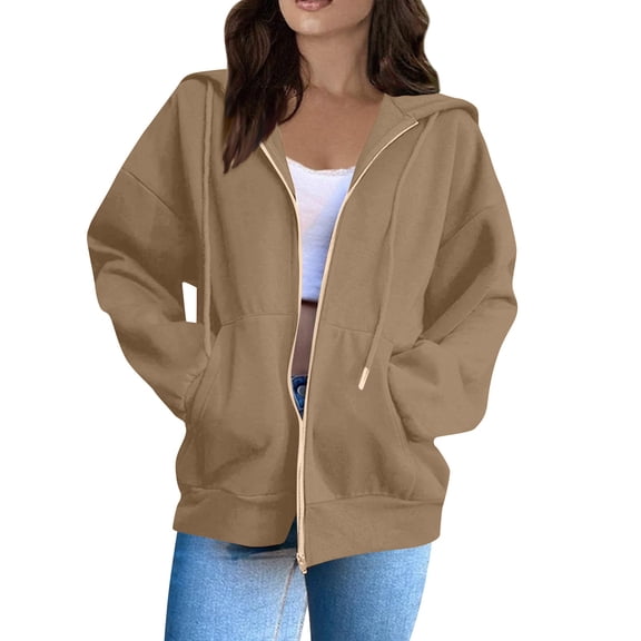 Zip Up Hoodie Women Casual Oversized Sweatshirts Fall Fashion Jacket Thick Warm Coat Winter Clothing Brown M