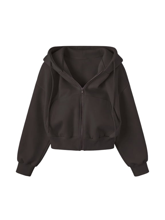 Zip Up Hoodie Women Cropped Casual Sweatshirts Workout Long Sleeve Drawstring Hooded Jacket Crop Tops