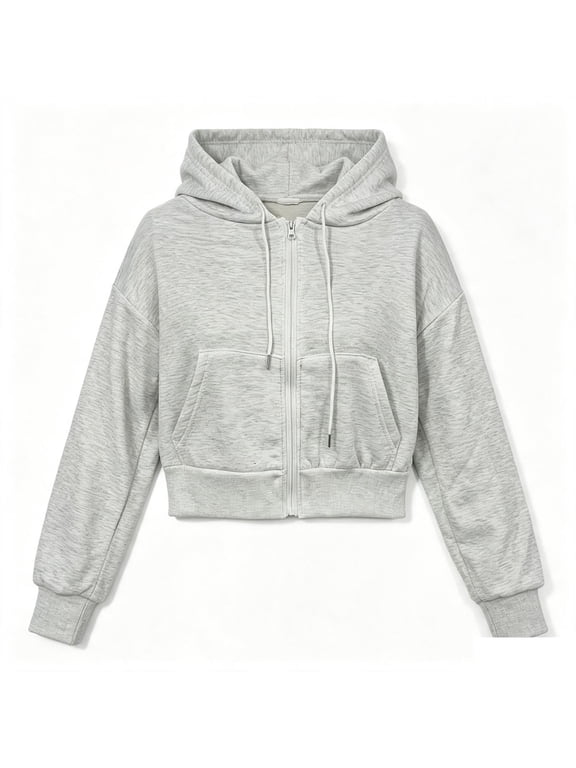 Zip Up Hoodie Women Cropped Casual Sweatshirts Workout Long Sleeve Drawstring Hooded Jacket Crop Tops