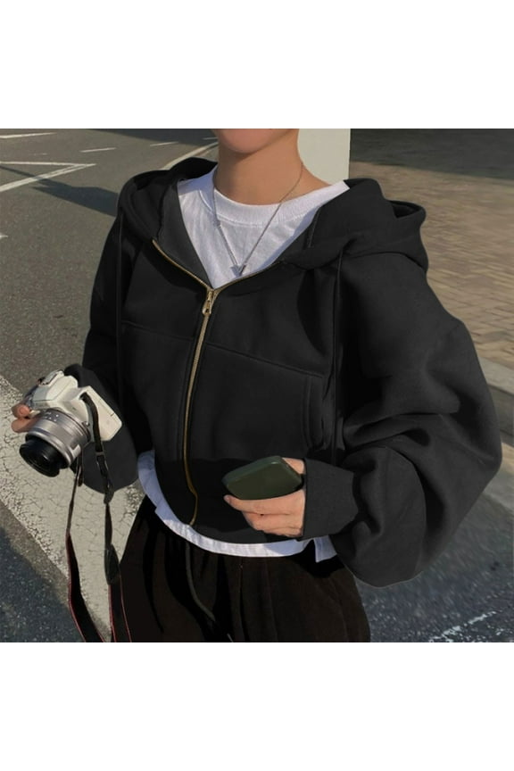 Zip Up Hoodie Women Cropped Sweatshirts Long Sleeve Drawstring Hooded Jacket (Black XL)