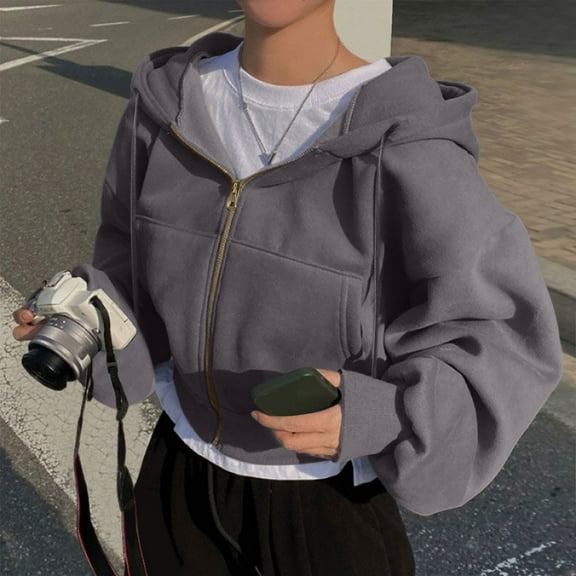 Zip Up Hoodie Women Cropped Sweatshirts Long Sleeve Drawstring Hooded Jacket (Dark Gray L)