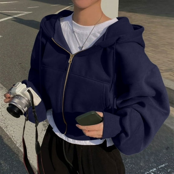 Zip Up Hoodie Women Cropped Sweatshirts Long Sleeve Drawstring Hooded Jacket (Navy M)