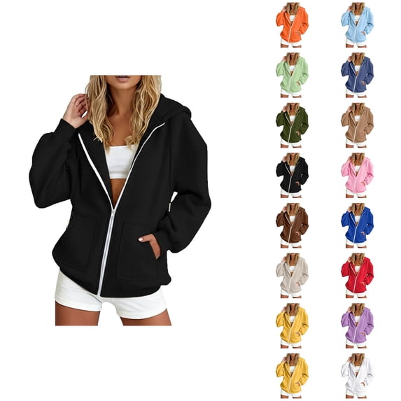 Zip Up Hoodie Women Fall Winter Long Raglan Sleeve Loose Plain Hooded Sweatshirt with Pockets Casual Jacket Outerwear