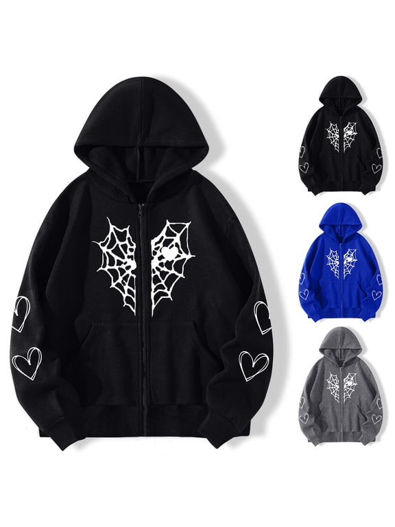 Zip Up Hoodie Women Heart Print Gothic Style Long Sleeve Sweatshirt Trendy Y2k Streetwear Loose Casual Womens Hoodies Black S