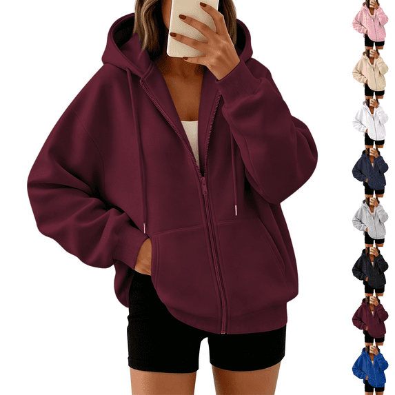 Zip Up Hoodie Women Lightweight Fleece Jacket Y2k Casual Athletic Oversized Hooded Sweatshirt Wine 3XL