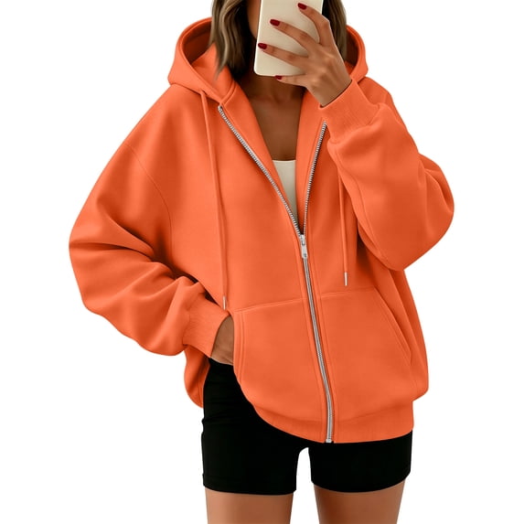 Zip Up Hoodie Women Lightweight Jacket Oversized Sweatshirt Solid Color Fall Clothes Long Sleeve Loose Fit Y2K Tops,Orange L