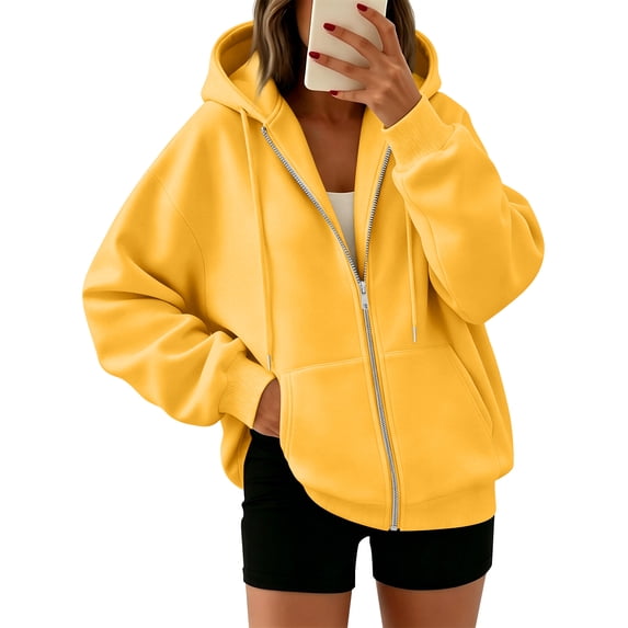 Zip Up Hoodie Women Lightweight Jacket Oversized Sweatshirt Solid Color Fall Clothes Long Sleeve Loose Fit Y2K Tops,Yellow L