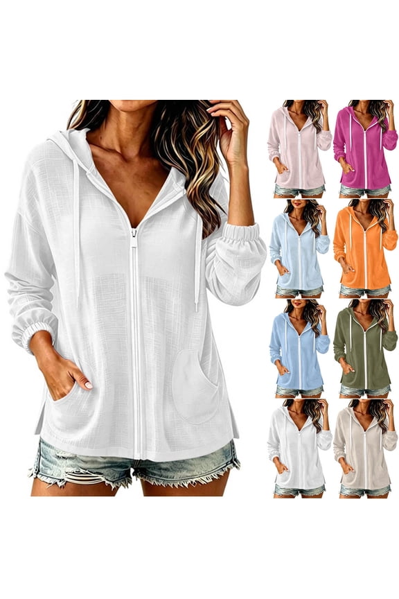 Zip Up Hoodie Women Lightweight Sun Protection Hooded Jackets Summer Beach Drawstring Linen Cotton Sweatshirt (2XL, White)