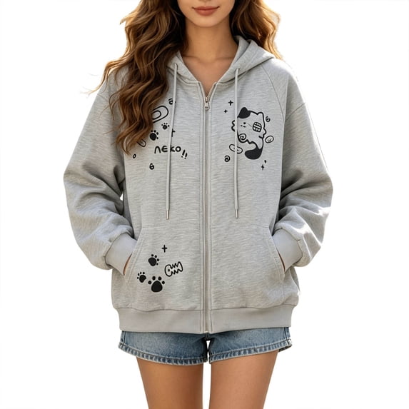 Zip Up Hoodie Women Long Sleeve Cat Print Loose Fit Jacket Gy1 M