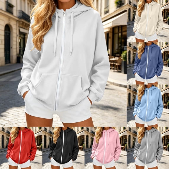 Zip Up Hoodie Women Long Sleeve Turtleneck Solid Full Zip Loose Sweatshirt Fall Winter Sport Grey S