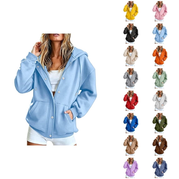 Zip Up Hoodie Women Long Sleeve Zipper and Snap Button Closure Loose Hooded Sweatshirt with Pockets Fall Casual Jacket