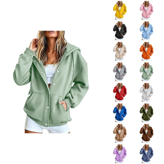 Zip Up Hoodie Women Long Sleeve Zipper and Snap Button Closure Loose Hooded Sweatshirt with Pockets Fall Casual Jacket