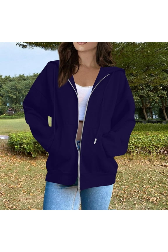 Zip Up Hoodie Women Oversized Fall Fashion Long Sleeve Hooded Sweatshirts Casual Y2K Jacket 2025 Winter Clothes Dark Purple S