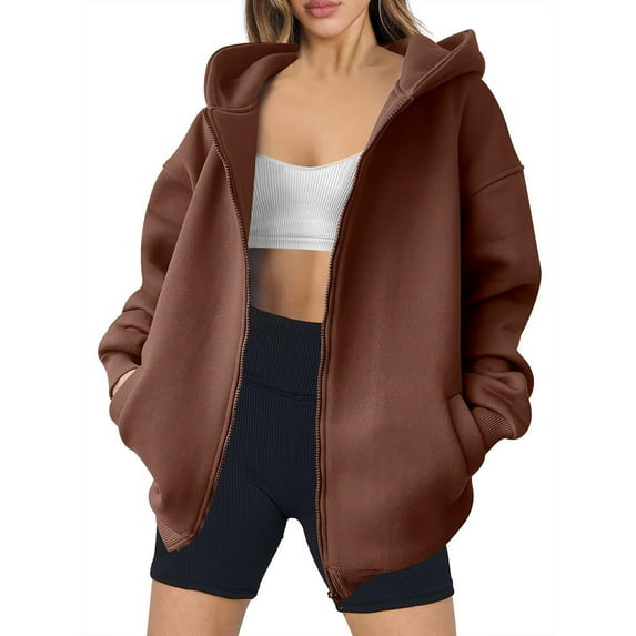 Zip Up Hoodie Women, Oversized Midweight Pockets Fall Hooded Sweatshirt Jackets Front Zipper Baggy Coats (2XL, Coffee)