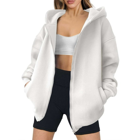 Zip Up Hoodie Women, Oversized Midweight Pockets Fall Hooded Sweatshirt Jackets Front Zipper Baggy Coats (XL, White)