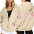 thumbnail image 1 of Zip Up Hoodie Women Oversized Y2k Pink Ribbon Printed Sweatshirt Casual Long Sleeve Fleece Jacket Lightweight Fall Hoodies with Pockets (Beige, L), 1 of 6