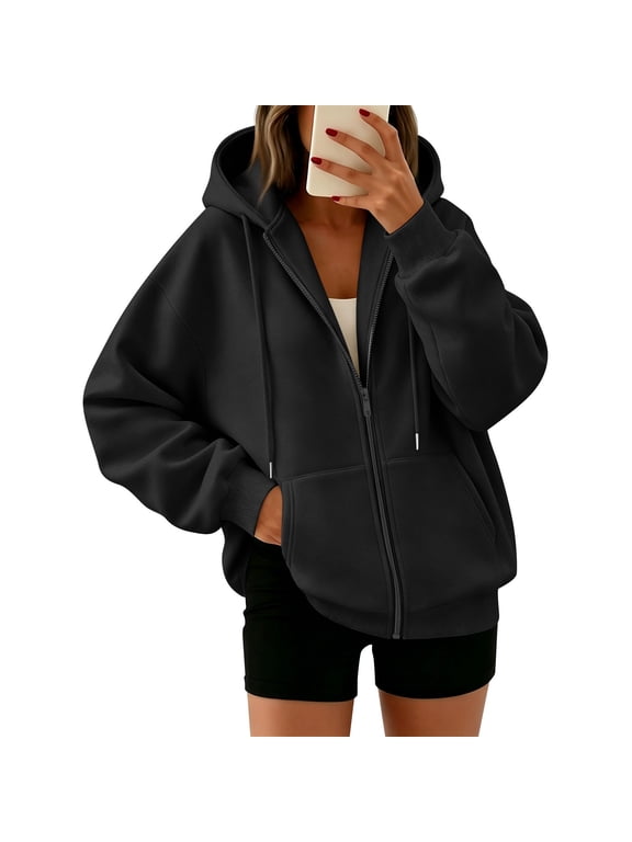 Zip Up Hoodie Women Oversized Zip Up Y2K Hoodies Casual Long Sleeve Sweatshirts Fall Spring Track Jackets Black XL