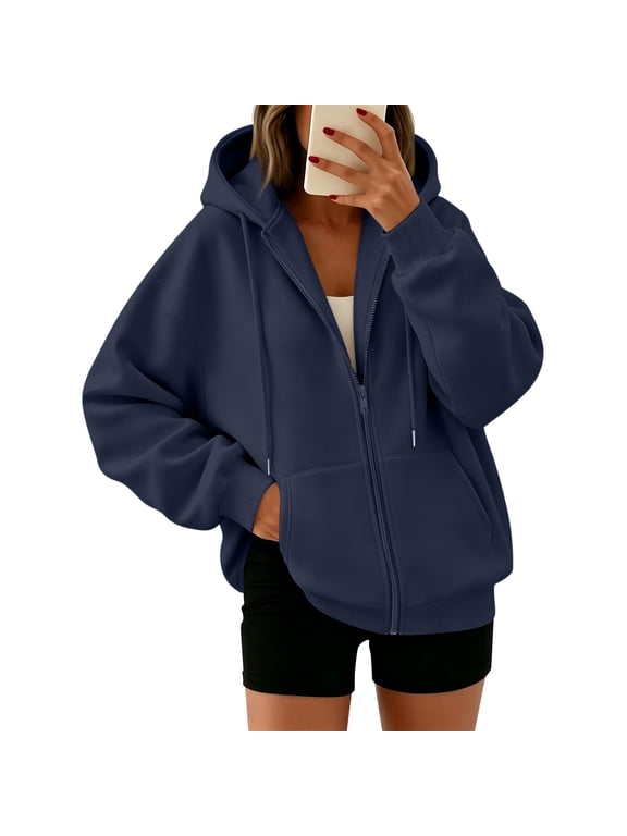 Zip Up Hoodie Women Oversized Zip Up Y2K Hoodies Casual Long Sleeve Sweatshirts Fall Spring Track Jackets Navy M