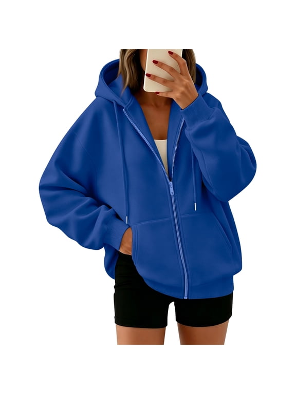 Zip Up Hoodie Women Oversized Zip Up Y2K Hoodies Casual Long Sleeve Sweatshirts Fall Spring Track Jackets Royal Blue M