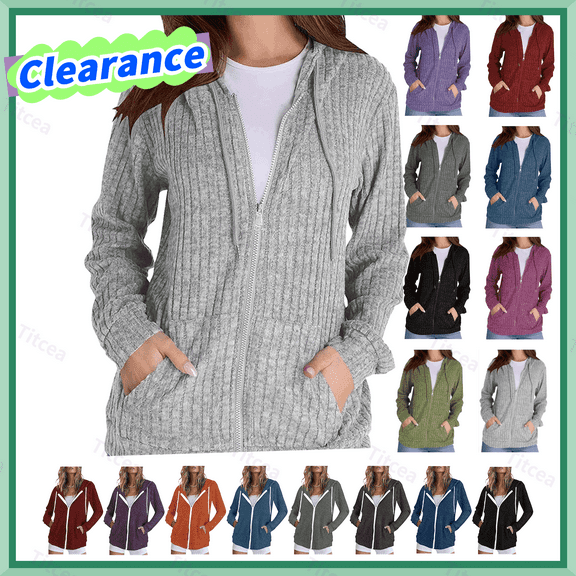 Zip Up Hoodie Women, Titcea Solid Color Pocket Drawstring Oversized Cardigan, Warm Comfy Lightweight Casual Jackets