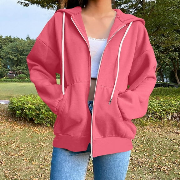 Zip Up Hoodie Women, Titcea Solid Color Pocket Drawstring Oversized Sweatshirt, Warm Comfy Lightweight Casual Jackets