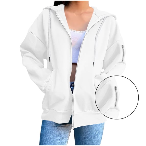 Zip Up Hoodie Women, Titcea Solid Color Pocket Drawstring Oversized Sweatshirt, Warm Comfy Lightweight Casual Jackets