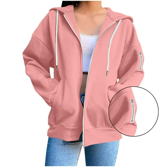 Zip Up Hoodie Women, Titcea Solid Color Pocket Drawstring Oversized Sweatshirt, Warm Comfy Lightweight Casual Jackets