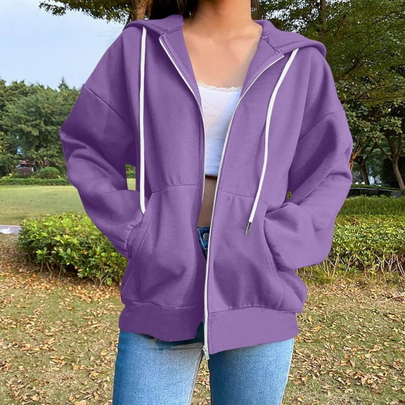 Zip Up Hoodie Women, Titcea Solid Color Pocket Drawstring Oversized Sweatshirt, Warm Comfy Lightweight Casual Jackets