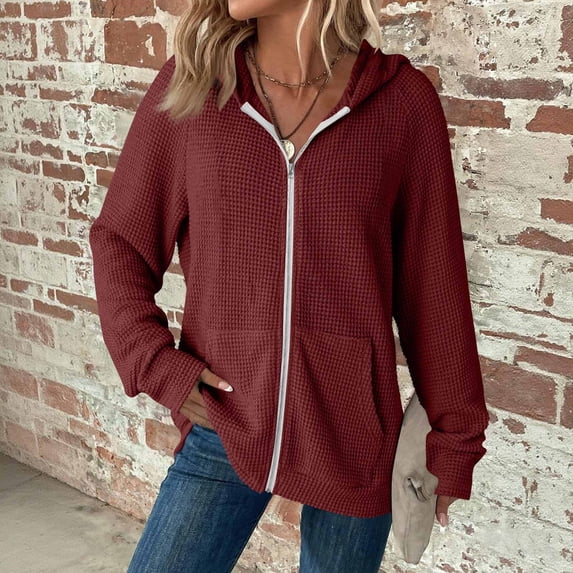 Zip Up Hoodie Women Waffle Knit Long Sleeve Comfy Hooded Sweatshirt with Pockets Cute Fall Sweatshirts Casual Jacket Wine S