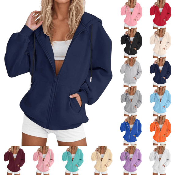 Zip Up Hoodie Women Y2K Sweatshirt Casual Long Sleeve Hoodies Oversized Fall Spring Fleece Jacket with Pockets Navy L