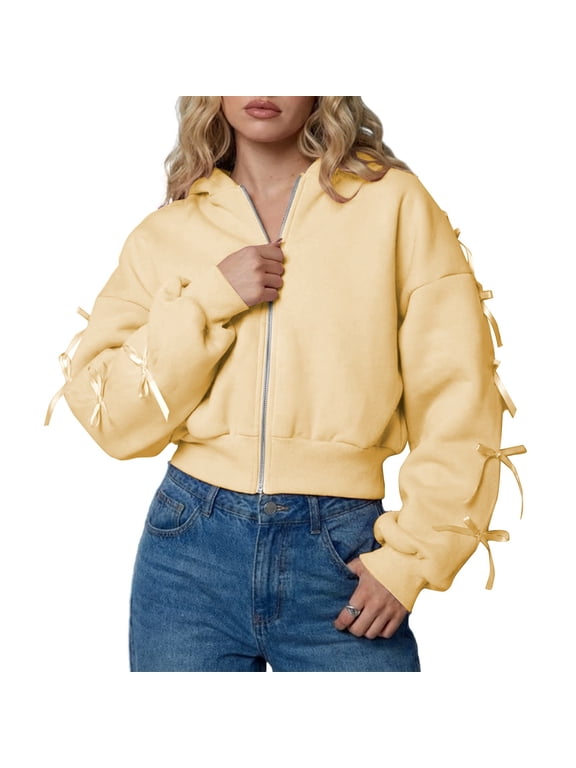 Zip Up Hoodie Women with Ribbon Bows Cropped Varsity Jacket Fall Cute Outerwear