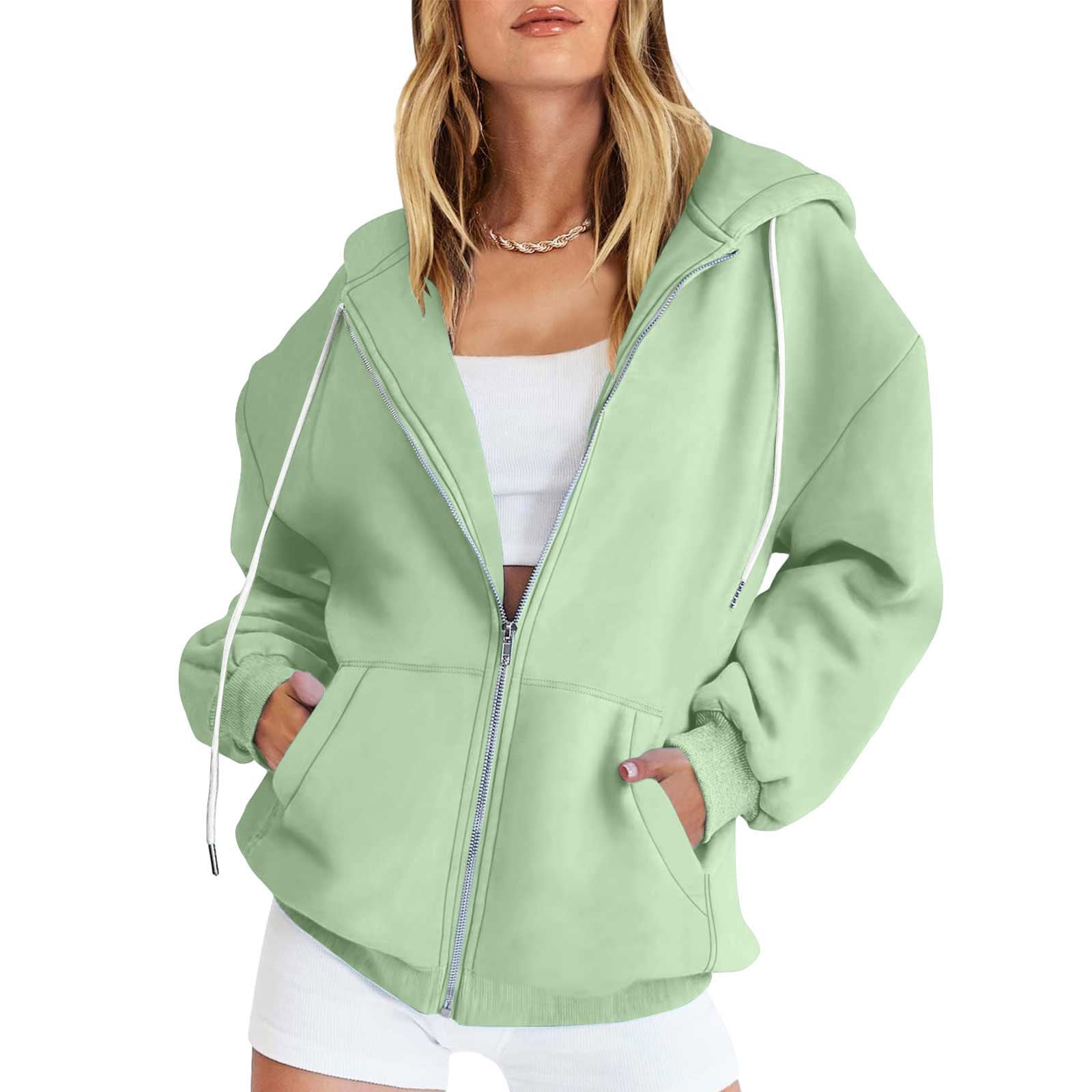 Full Zip-up Jackets with Pockets for Women Cotton Fleece Plain Hoodie  Outwear Drawstring Hooded Sweatshirt Coat (X-Large, Pink 01)