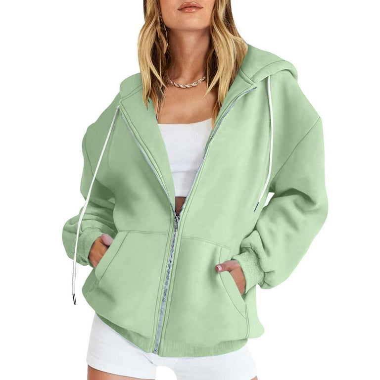 Zip Up Hoodie Womens Casual Plain Thick Full-zip Jacket Hooded