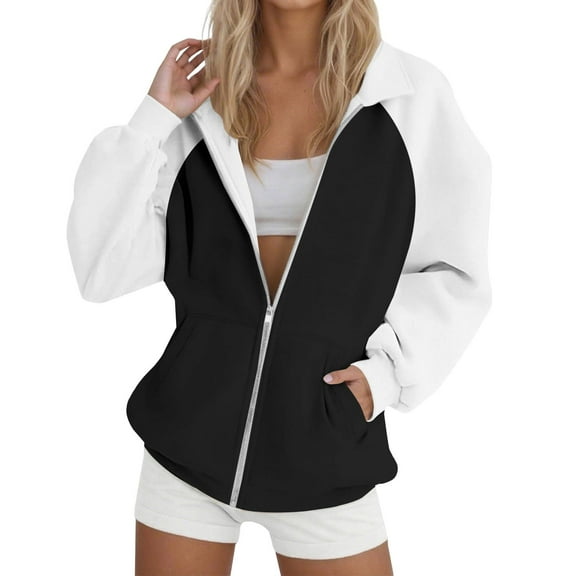 Zip Up Hoodie, Yigetop Womens Oversized Solid Color Sweatshirts Pullover Lapel Women's Loose Casual Hoodie Zipper Sweatshirts Zip Up Jacket Black 2XL