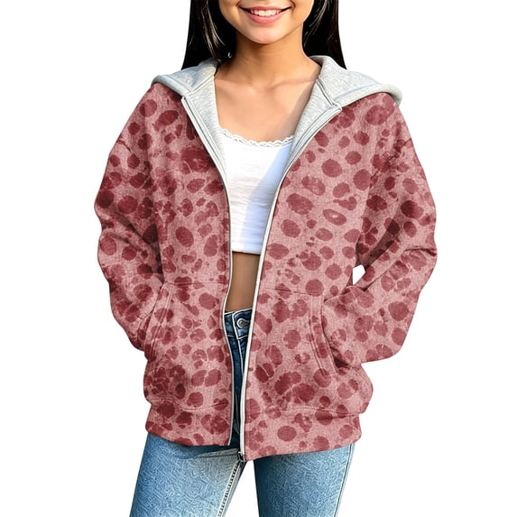 Zip Up Hoodie for Girls Leopard Print Long Sleeve Hooded Jacket with Pockets Soft Casual Sweatshirt Coat Red