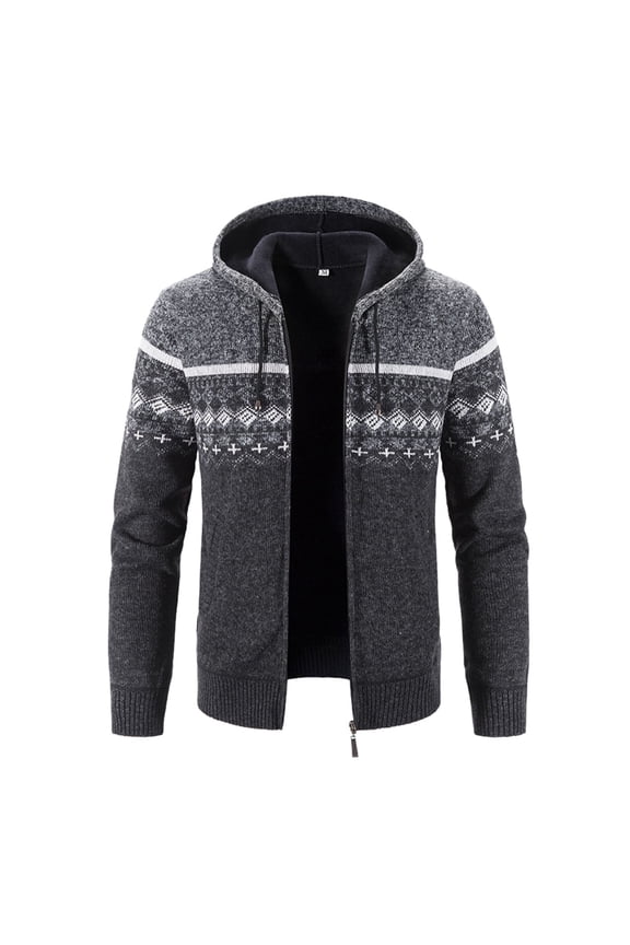 Zip Up Hoodie for Men Fall Winter Cardigan Sweaters Hooded Thick Knitted Full Zip Fleece Jacket with Fair Isle Pattern Mens Hoodies