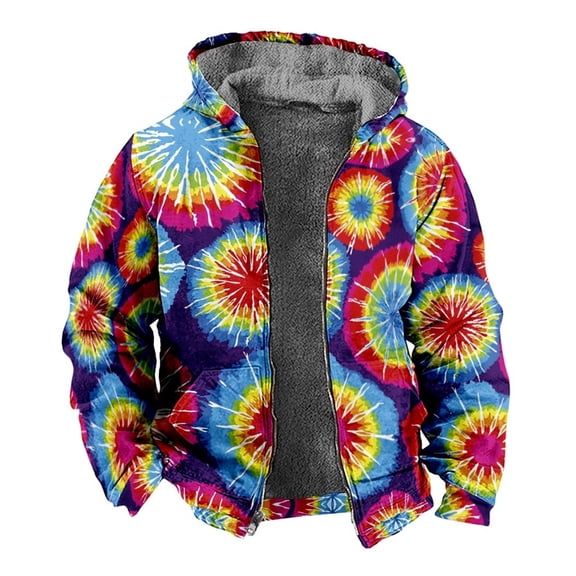 Mens Hoodies Tie Dye Lined Full Zip Heavyweight Hooded Sweatshirt Thick Warm Jacket Coat Fall Winter Purple XXXXL