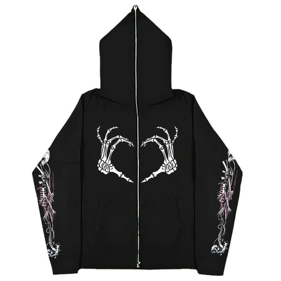 Zip Up Hoodie for Men Halloween Skeleton Print Long Sleeve Hoodie with Pocket Loose Fit Streetwear Casual Graphic Hoodies for Men