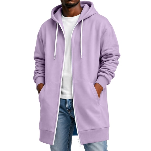 Zip Up Hoodie for Men Plus Size Long Sleeve Hooded Sweatshirt Loose Fit Full Zip Longline Coat Side Pockets