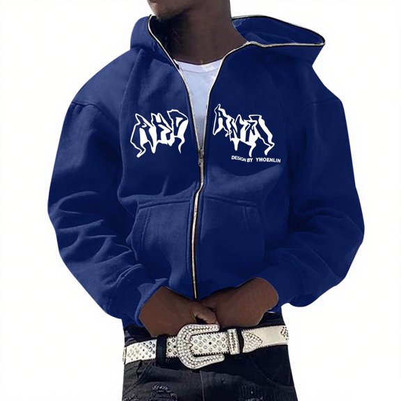 Zip Up Hoodie for Men Versatile Letter Print Long Sleeve Hoodies Streetwear Hooded Jacket Fall Loose Graphic Hoodie