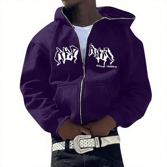 Zip Up Hoodie for Men Versatile Letter Print Long Sleeve Hoodies Streetwear Hooded Jacket Fall Loose Graphic Hoodies