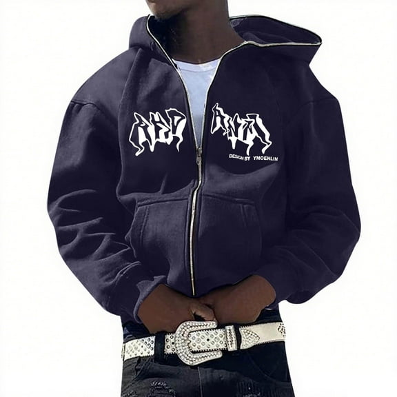 Zip Up Hoodie for Men Versatile Letter Print Long Sleeve Hoodies Streetwear Hooded Jacket Fall Loose Men's Hoodies