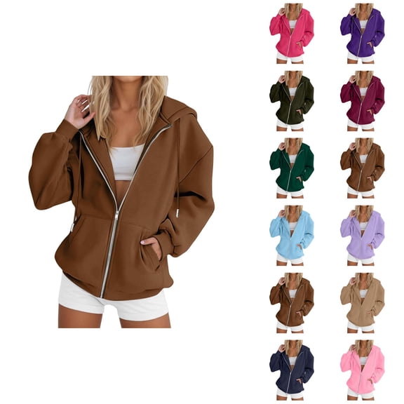 Zip Up Hoodie for Women 2025 Casual Fall Winter Long Sleeve Plain Hooded Sweatshirt with Pockets Jacket Coat