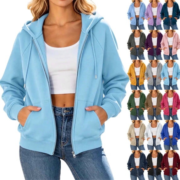 Zip Up Hoodie for Women Casual Comfortable Solid Full-Zip Long Sleeve Hooded Cozy Fashion Sweatshirts with Pockets